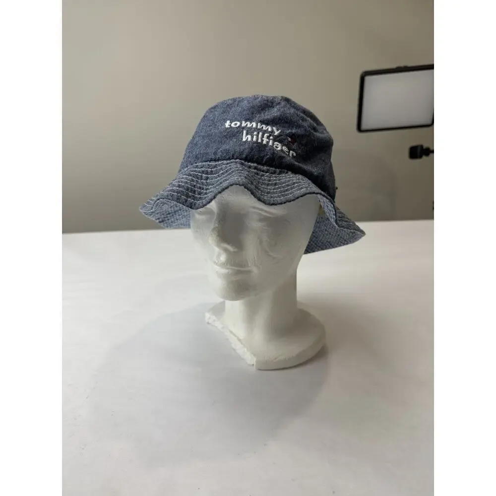 Vintage 1990s Tommy Hilfiger Kids Bucket Hat Denim Gingham Logo Y2K Size 4-6X